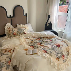 Ensemble de housse de couette à volants floraux 4 pièces, literie en coton lavé, style vintage français, housse de couette beige douce pour la décoration de la maison - Product Image 6