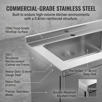 Table de travail professionnelle en acier inoxydable avec évier simple et armoire à 4 portes, station de préparation de cuisine autonome pour restaurant C