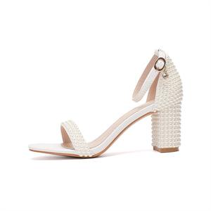 Sandalias de Tacón Ancho con Punta Abierta y Decoración de Perlas para Mujer, con Correa de Tobillo y Hebilla de Diamantes de Imitación, Ideales para Bodas y Eventos - Product Image 2