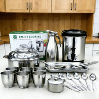 Ensemble de service de buffet en acier inoxydable 21 pièces comprenant un réchaud, un distributeur de boissons, un plateau et des ustensiles, un ensemble de vaisselle