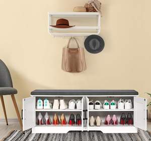 Banco de Almacenamiento de 2 Niveles, 47.2 Pulgadas de Ancho, Banco <span class=keywords><strong>para</strong></span> <span class=keywords><strong>Zapatos</strong></span> con Asiento Acolchado, Banco <span class=keywords><strong>para</strong></span> Entrada con 4 Puertas Corredizas y <span class=keywords><strong>Estante</strong></span> Ajustable, Blanco - Product Image 5