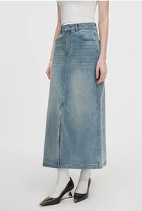 OEM ODM yüksek Rise klasik mavi Denim kot etek zarif Streetwear düğme sevimli düz sıska tasarım çapak kenar cepler yaz - Product Image 3