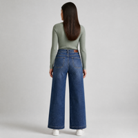 Jean taille haute à jambe large pour femme avec poches utilitaires, coupe ample, en denim doux et extensible, vente en gros usine