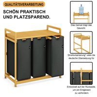 Panier à linge en bambou personnalisé d'approvisionnement d'usine avec 3 compartiments, 150 L, conception arquée, panier à linge amovible pour sac à linge