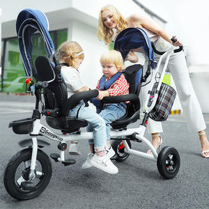 Tricycle double Hafron pour enfants de 1 à 5 ans, avec pédales, châssis en acier, poussoir manuel et capote. - Product Image 5