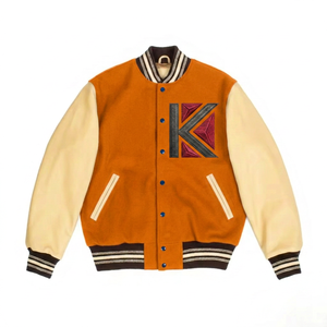 แจ็คเก็ตวาร์ซิตี้สีเบจสำหรับผู้ชาย รุ่น KVJ132 ตัวเสื้อสีน้ำเงินรอยัล แขนปักลายขนสัตว์  พร้อมแพทช์เชนิลล์  แบบปรับแต่งได้ - Product Image 3