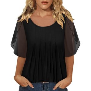 Womens Double Layered Tunic <b>Top</b> Half Sleeve Sheer <b>Flowy</b> Blouse Round Neck Casual Chiffon Shirt Everyday Wear - Product Image 1