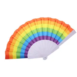 23CM Plastic Rainbow Folding Fan Rainbow Lovers Durable Fabric Gift Gay Wedding Decors Party Dance Handheld Fan