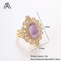 Bague ovale en pierre naturelle plaquée or avec halo de zircone cubique et bordure florale, grande bague vintage imposante, cadeau pour femme