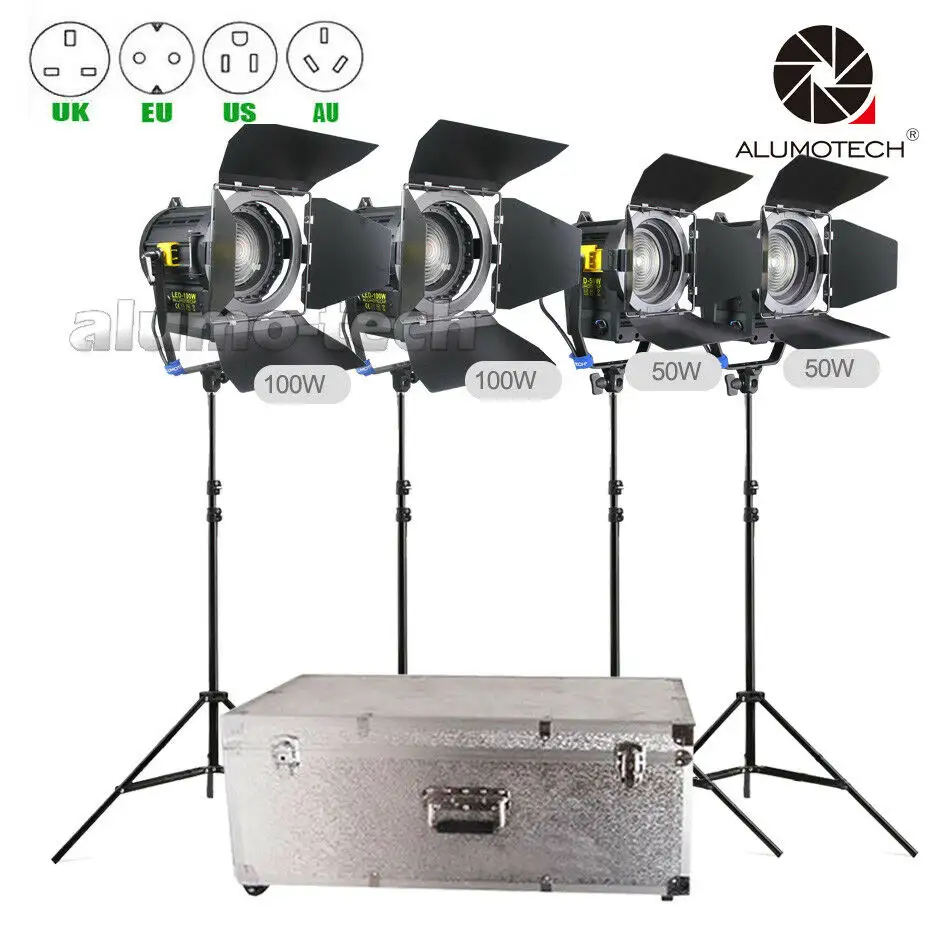 ALUMOTECH Dimming 5500/3200K (50W+100W)X2 LED Focus Fresnel Spot Light+Stands+Case Kit For Studio Video Photography Film Camera