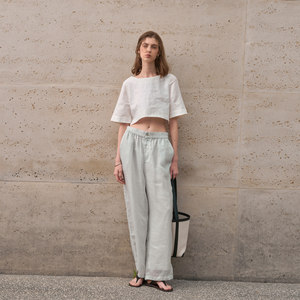 <span class=keywords><strong>Camicetta</strong></span> Elegante da Donna in Puro Lino Bianco, Stile Casual a Tinta Unita, Manica Corta, Collo Tondo, Vestibilità Comoda, Manica a Tre Quarti - Product Image 5