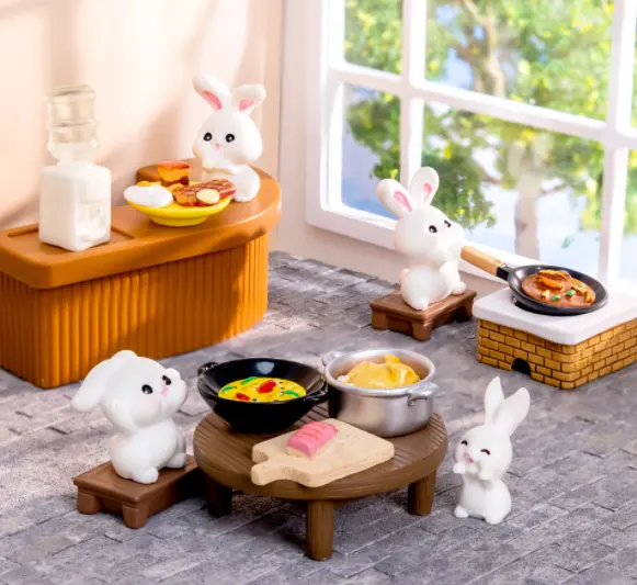 人形用の小さなもの家の家具装飾ミニチュアドールハウスキッチンセットクッキングベンチ中華鍋ステーキ卵ウサギの蒸し肉