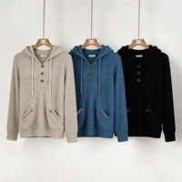 Pull-over décontracté en maille côtelée pour femme, à capuche, demi-boutonnage, poche kangourou, cordon de serrage, manches longues amples