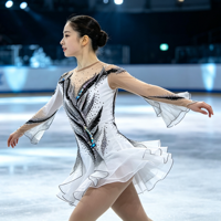 Costume de patinage artistique blanc et noir à motifs encre et strass, manches évasées, pour filles et adultes, performance de danse sur glace