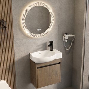 Mobile Bagno Sospeso in Alluminio con Finitura in Legno di Noce, Doppio Armadietto con Specchio LED Retroilluminato e Lavabo in Ceramica Bianca - Product Image 1