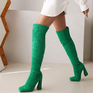 Botas Altas de Mujer con Punta Cuadrada, Material de Gamuza Suave, Tacones Altos, Botines Largos para Damas con Pierna Ancha - Product Image 1