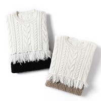 Couleur mélangée noir et blanc gland frange torsadé câble femmes col rond ample 100% pull en cachemire