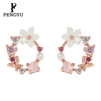 Anting Tusuk Bentuk Karangan Bunga Emas Mawar dengan Mutiara Zirkon Wanita Perak Sterling 925 Anting Fashion Perhiasan Khusus Grosir