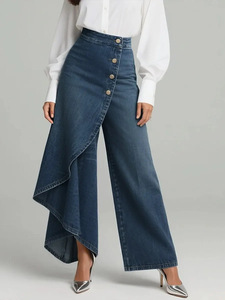 Nuovi <span class=keywords><strong>Pantaloni</strong></span> Slim Fit <span class=keywords><strong>a</strong></span> Gamba Larga in Denim Stampato con Bottoni, Stile Casual in Tinta Unita - Product Image 4