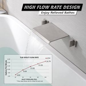 Rubinetto Moderno a Cascata <span class=keywords><strong>per</strong></span> <span class=keywords><strong>Vasca</strong></span> <span class=keywords><strong>da</strong></span> <span class=keywords><strong>Bagno</strong></span>, Montaggio a Parete, Nichel Spazzolato, Doppia Maniglia, Ottone Massiccio, 3 Fori, Soffione Doccia Rettangolare - Product Image 1