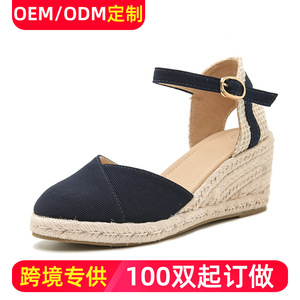 Sandales compensées pour femme à bout rond en toile, espadrilles d'été respirantes à bride à boucle et talons - Product Image 5