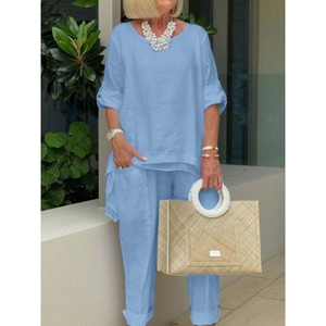 ชุดเซ็ต 2 ชิ้น เสื้อคอกลมสีพื้น กางเกงลำลอง แฟชั่นสำหรับผู้หญิง ฤดูร้อน - Product Image 6