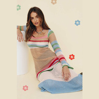 Fournisseur en gros – Nouvelle robe pull moderne et élégante pour femme, en tricot léger à col rond, avec rayures ajourées au crochet