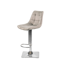 Tabouret de bar moderne en velours gris matelassé, pivotant, réglable en hauteur par vérin à gaz, base carrée chromée pour bistrot
