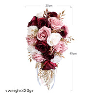Bordeaux Rose Rose Mariée Tenant Des Fleurs Bouquet De Mariage, Goutte D'eau Artificielle De Mariée Rose Bouquet De Fleurs Pour La Mariée