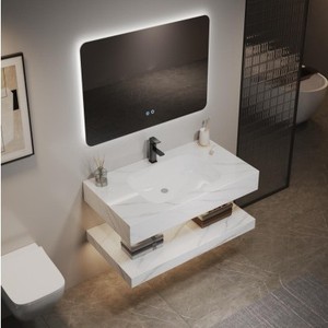 Mueble de Baño de Lujo con Lavabo Integrado Blanco sin Juntas, Espejo Inteligente con Luz, Lavabo Flotante Moderno - Product Image 3
