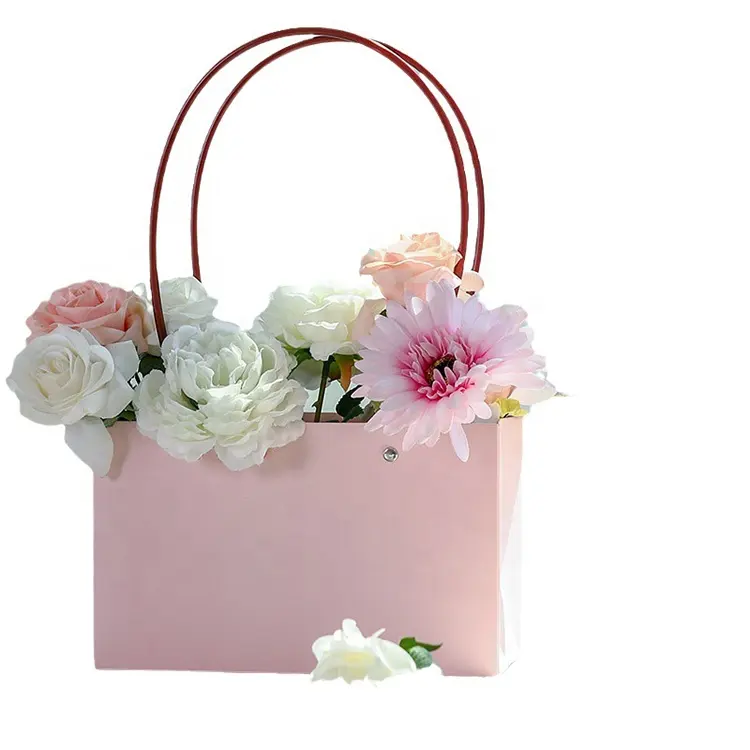 Atacado personalizado reutilizável luxo novo trapezoidal impermeável rosa papel kraft flor cesta tote gift flor embalagem papel sacos