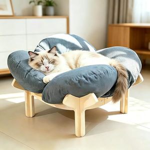 Lit pour chat en forme de pétale, canapé-lit rond en bois massif pour animaux de compagnie, confortable, pour toutes les saisons, avec rembourrage en fibre de polyester - Product Image 1