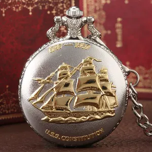 Vintage Fob Steampunk Pendant Clock Sail Frigate U.S.S Constitution Quartz Pocket Watch Necklace for Men