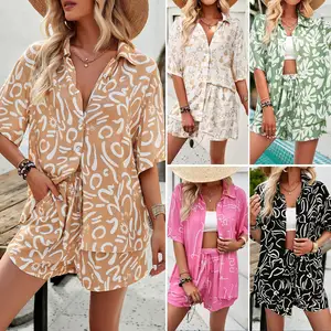 B814 Beach 2 Piece Outfits For Women Lounge Sets Pajama Sets Long Sleeve Button Down Shirts And Shorts Set Summer Tracksuit