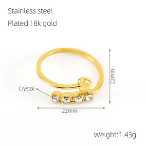 Minimalist 18K Gold Plated Ring Heart Zircon Ring Adjustable Stainless Steel Ring For Women