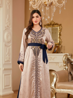 Robe Abaya vintage à col en V, broderie en strass, polyester satiné respirant, avec ceinture, robe longue maxi pour femmes musulmanes