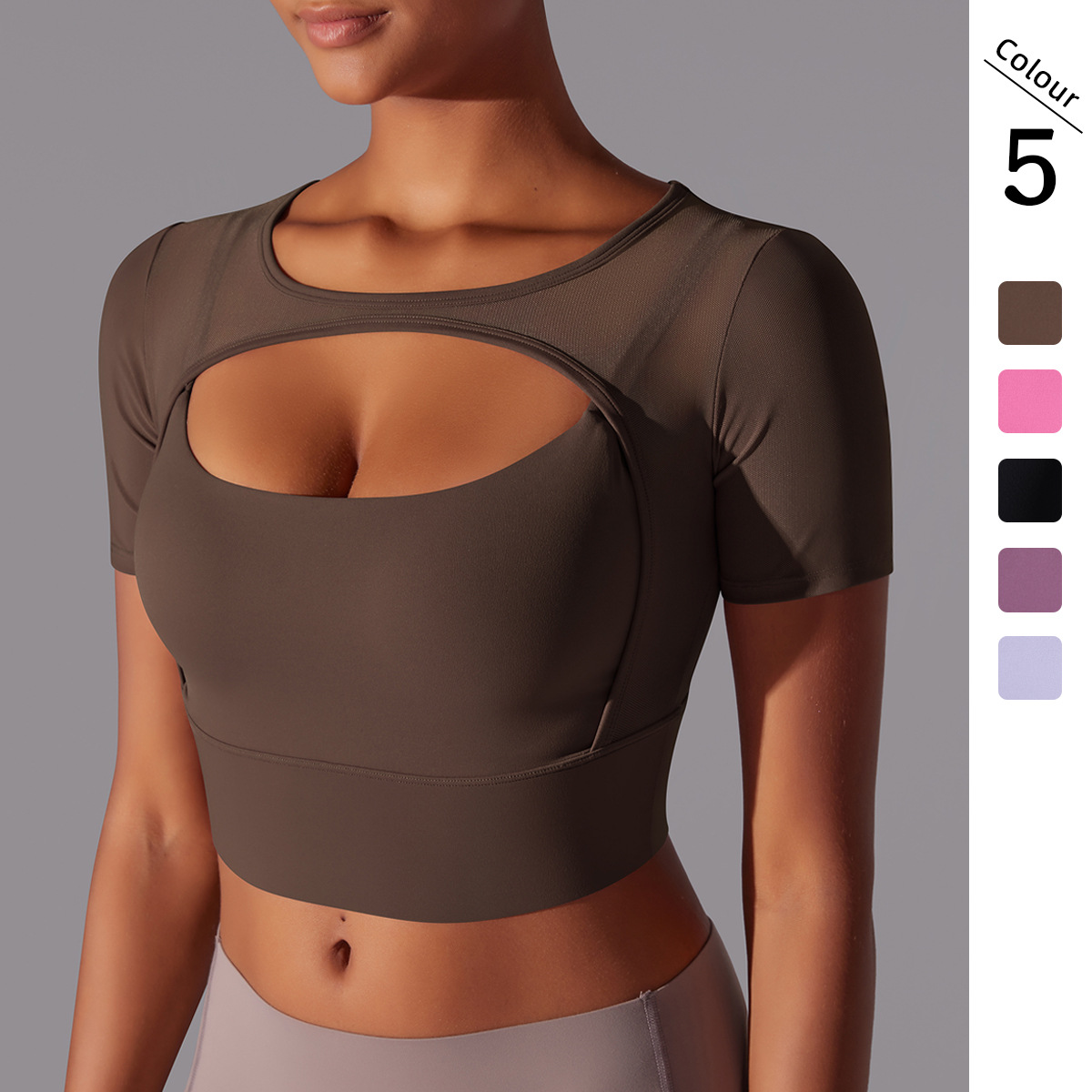 WomenSpliced Mesh Sexy Double Layer Short Sleeve Crop Top With Built in Bra for Running Fitness Yoga