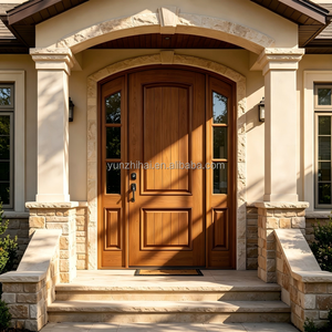 Porta d'Ingresso Doppia Arcuata Premium in Legno di Noce e Vetro Classico con Design a Barre in Legno per Esterni di Villa - Product Image 4