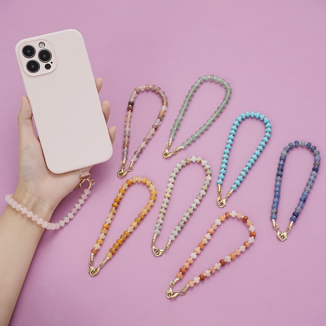 High Quality Handmade Crystal Pink Rose Quartz Aventurine Jade Stone Beaded Mobile Phone Chain Strap Lanyard Bag String Chain