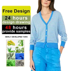 Blue and White Striped V-Neck Long Sleeve Button Knit Cardigan Cotton Blend Women's Sweater