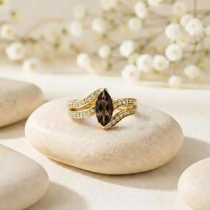 Anillo de compromiso de cuarzo ahumado natural con corte marquesa, chapado en oro de 18 quilates, plata de ley 925, anillos de mujer, joyería vermeil de eternidad. - Product Image 4