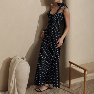Bdbh Nuevo Vestido Largo con Tirantes Cruzados Estilo Europeo y Americano, Novedad de Verano 2026, Vestido Elegante con Tirantes en el Cuello y Cola de Pez con Estampado de Puntos Ondulados - Product Image 4