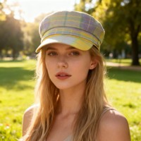 Gorras de Estilo Newsboy a Cuadros Amarillos y Morados al por Mayor, Sombreros Vintage para Conciertos y Fiestas para Mujer