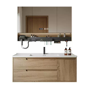 Wood color smart wall-mounted bathroom <b>vanity</b> cabinet with <b>LED</b> smart <b>mirror</b> waterproof and moisture-proof washbasin - Product Image 1