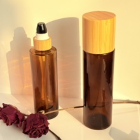 Bouteille en verre ambré personnalisée avec logo, couvercle en bambou, verre givré avec tête de pompe, couvercle en bambou pour cosmétiques, flacon pompe pour lotion