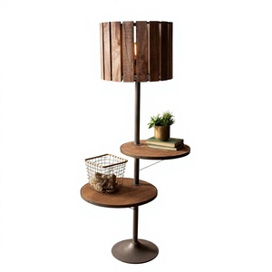 Industrial Floor Lamp Wood Shade Cylindrical Design Metal Base Adjustable Height LED 2700K Warm White - Product Image 1