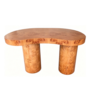 <strong>Mid</strong> <strong>century</strong> Biomorphic Mappa Burl Wood Kidney Shaped Writing Desk, Luxury Home Office <strong>Console</strong> <strong>Table</strong> with Double Cylindrical Legs - Product Image 1