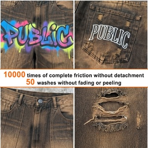 Pantalones Vaqueros Personalizados de Estilo Hip Hop, Lavado Monkey, Dibujo a Mano, Corte Holgado, Estampado Vintage, Desgastados, para Hombre - Product Image 2