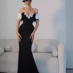 Venta caliente elegante empalme 3D flores vendaje Sexy fuera del hombro sin mangas mujeres espalda descubierta cuello en V apliques vestido de fiesta para mujeres - Product Image 1