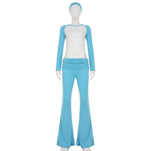 महिलाओं का रंग ब्लॉक 3-पीस वर्कआउट, लंबी आस्तीन टी और फोल्डओवर कमर लेगिंग आवश्यक फिटनेस - Product Image 2